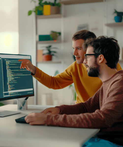 Two men looking at a screen with programming code