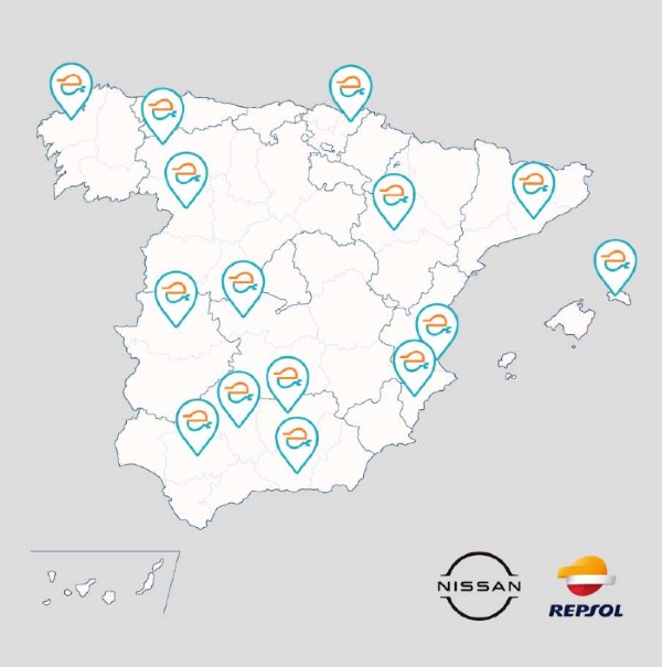 Map showing the location of the Repsol service stations where the 15 fast charging points mentioned in the collaboration agreement will be installed. 