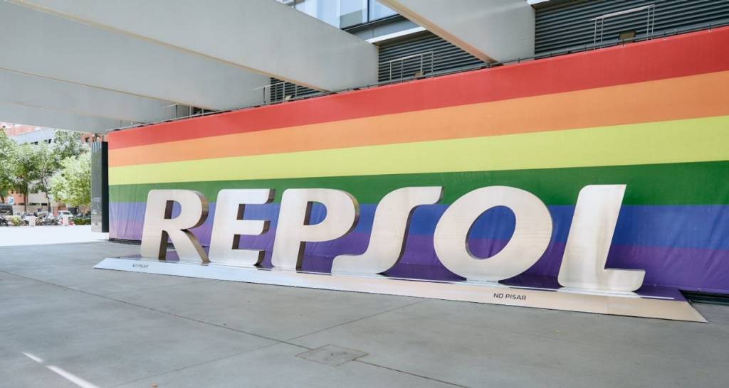 Campus Repsol entrance with the LGBTQI+ flag