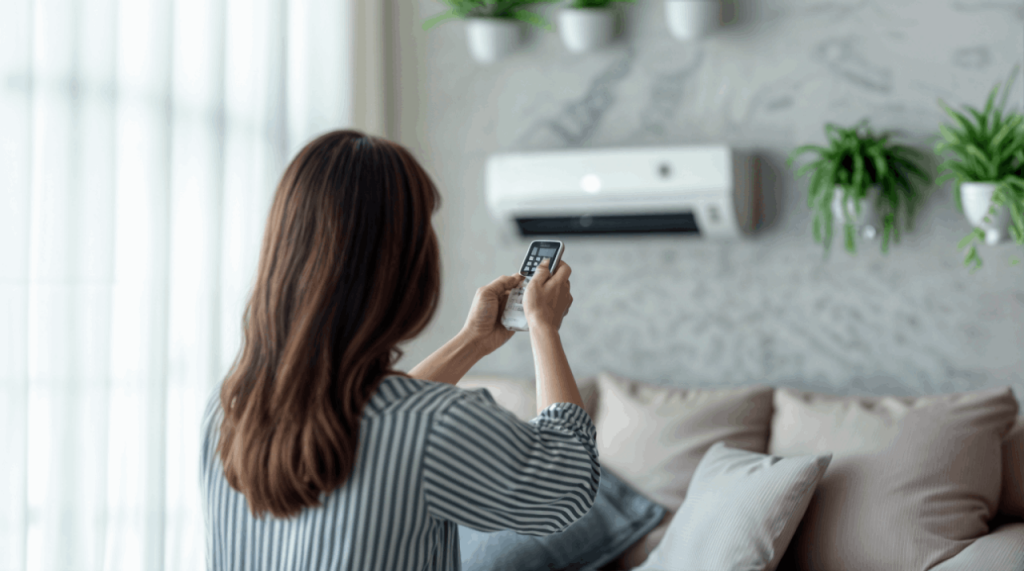 A woman turning on an air conditioner